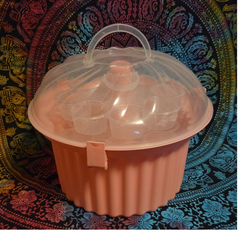 24 Cupcake Cake Container Carrier Pink Plastic Round Clear Dome Lid Handle