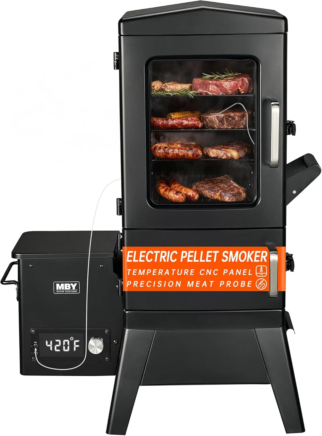Vertical Pellet Smoker with Cover & Meat Probe, 4-Rack Elect