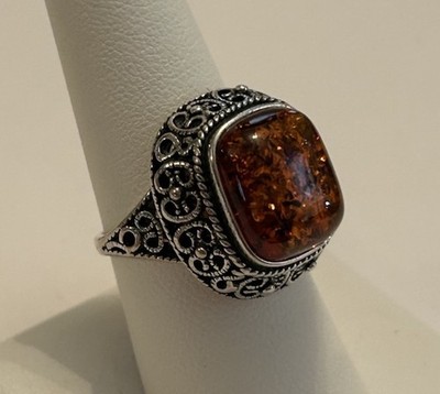 Sterling Silver BALI STYLE ELEVATED   POLAND AMBER    Size 8 Ring