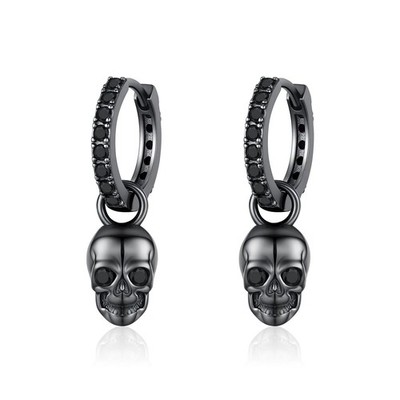 Black Skull Earrings for Men Women 925 Sterling Silver Gothic Halloween Skele...