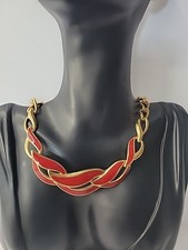 Vintage Napier Gold Tone Red Enamel Chunky Link Statement Necklace Jewelry