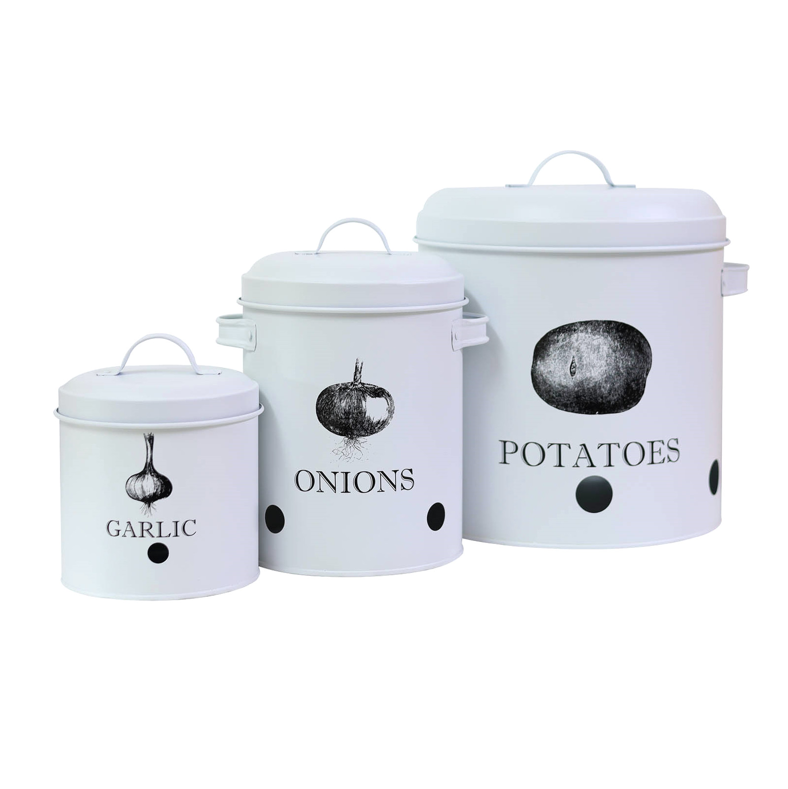 Canister Set 3pc White Metal Potato Onion Garlic Storage Labelled Tins Container