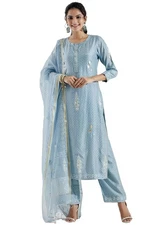 GoSriKi Women's Cotton Blend Straight Printed Kurta with Pant & Dupatta