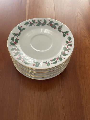 Piattino bianco China Pearl Noel Agrifoglio bacche rosse foglie verdi bordo oro - Foto 2 di 6