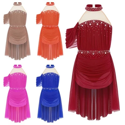 FREEBILY Kids Girls Rhinestones Ruched Halter Backless Lyrical Dance Performance Costume