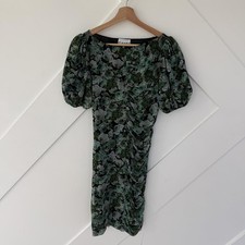 Ganni Floral Green Puff Sleeve Ruched Dress Size 38