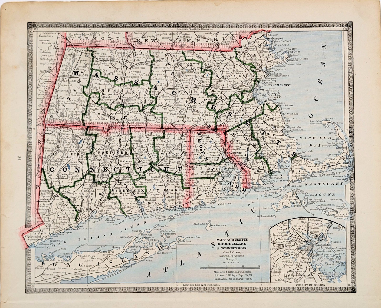 1883 CONNECTICUT - RHODE ISLAND - MASSACHUSETTS Map ORIGINAL (12x10)