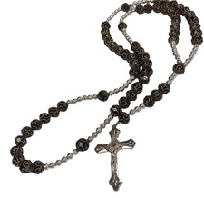 Vintage Rosary Prayer Bead Necklace Handmade Black Christian religious Cross