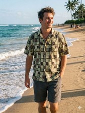 Reyn Spooner Shirt Mens XL Hawaiian Aloha Tiki Bamboo Geometric Block Print