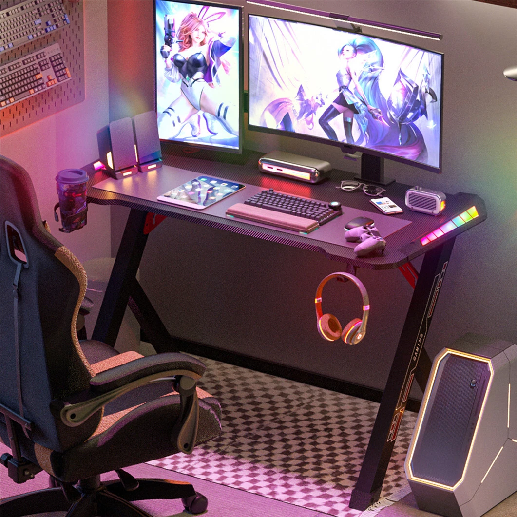 47.2 RGB LED Lights Gaming Computer Desk Carbon Effect Racing