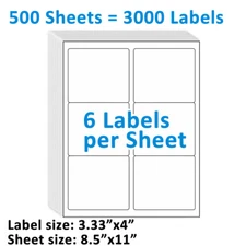 3000 Shipping Address Label 3 1/3"x4" Self Adhesive 6UP Sticker for InkJet Laser