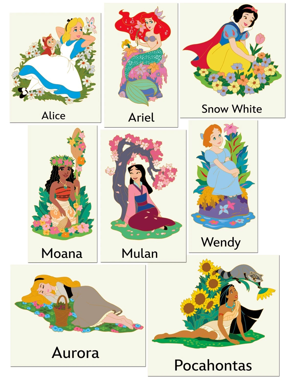 Disney WDI Flower Girls Princess Heroines Garden 8 Pin Set LE 300 Ariel Aurora