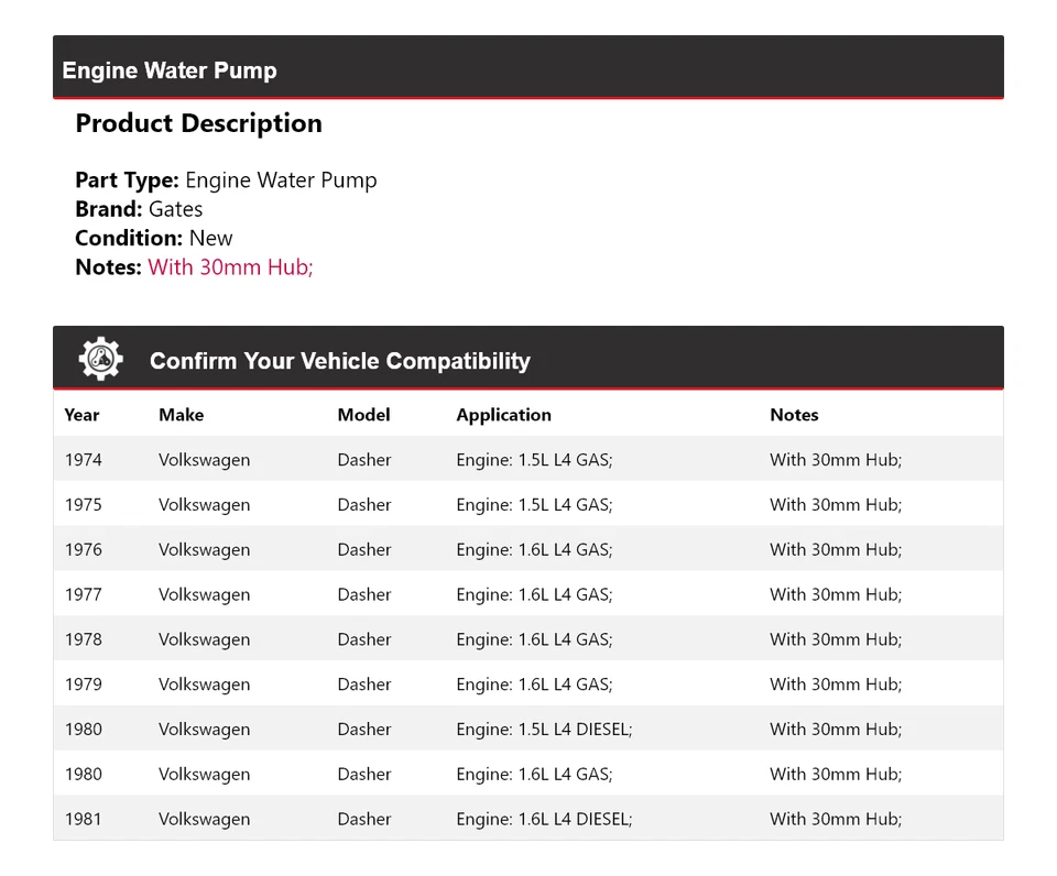 Puertas de bomba de agua para motor Volkswagen Dasher 1974-1981 1975 1976 1977 1978 1979 Foto 2 de 4