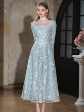 Retro Womens Long Blue Lace A-Line Dress Luxury Dress 2025 Birthday Party Dress