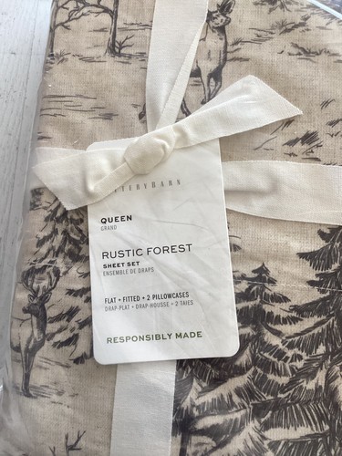Pottery Barn Rustic Forest cotton percale QUEEN sheet set Deer Cabin Winter NEW - Picture 2 of 3