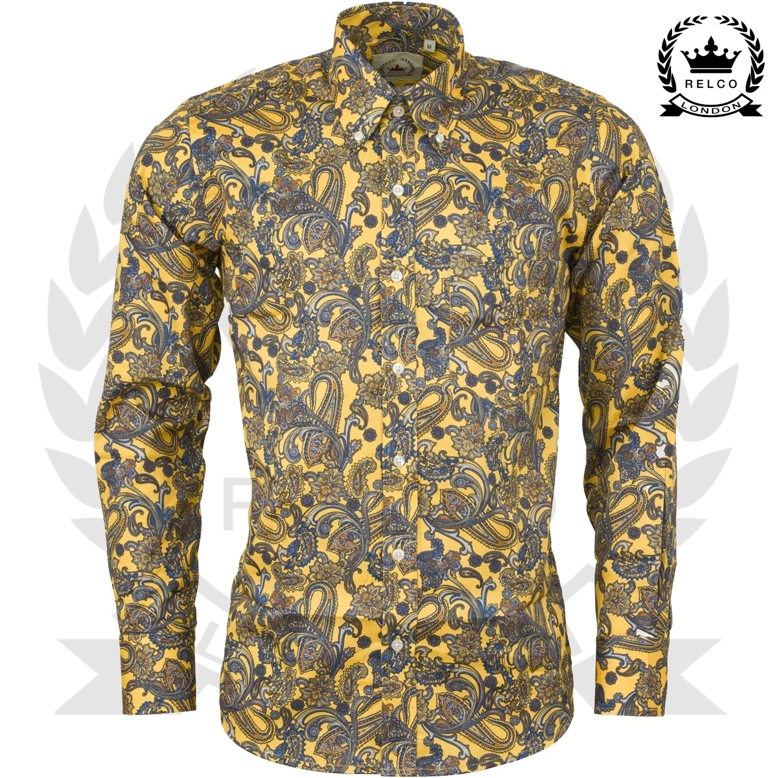 Relco Paisley Shirt Mustard Long Sleeve Button Down Collar Retro Vintage Mens