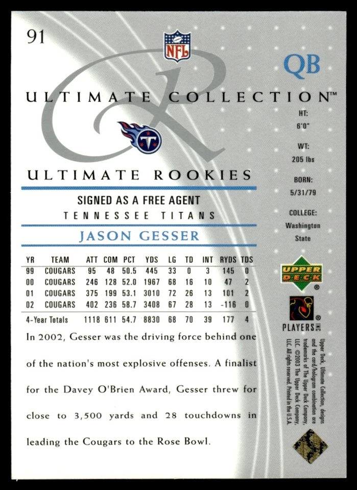2003 Upper Deck Ultimate Collection Jason Gesser Rookie 236/750 Tennessee Titans - Image 2 of 2