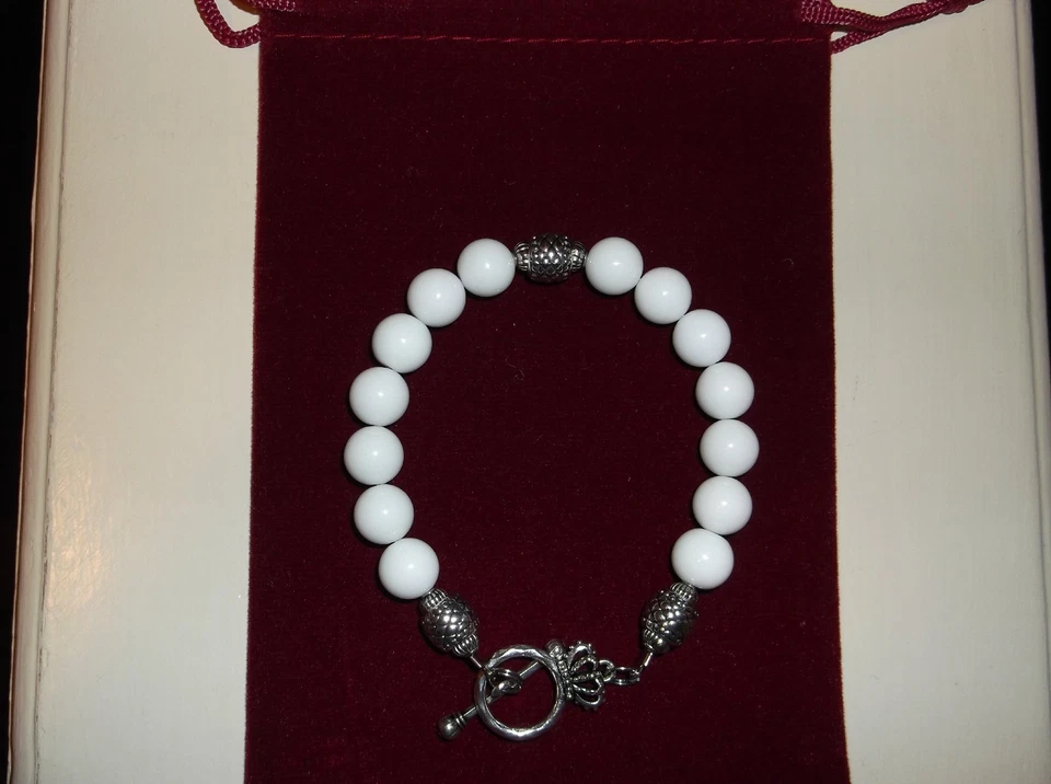 PULSERA HOMBRE/MUJER HECHA A MANO 8 1/2" 10 MM CUENTAS ÁGATA BLANCA  Foto 3 de 4
