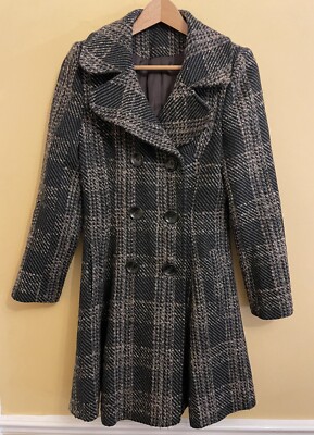 Next Petite UK Women's Size 8 Black / Brown Checked Overcoat