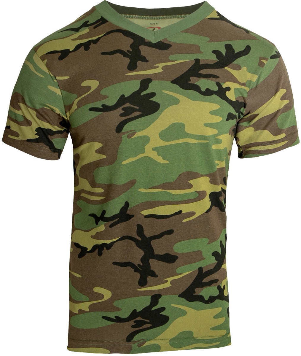 Mens Woodland Camo Tactical V-Neck T-Shirt Military Army Green