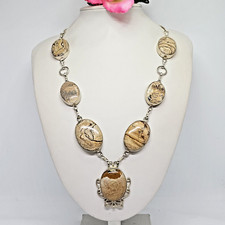 Picture Jasper Gem Stone Statement Necklace Beige Brown Stone Silver Tone 29