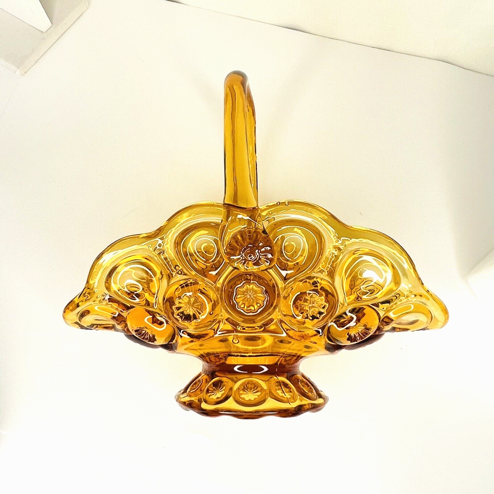 LE Smith Basket Art Glass Amber Moon & Stars Applied Handle Red Orange