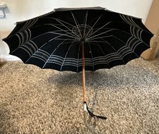 Vintage 1950  s or Older Umbrella Cotton Wooden Handle Working Condition