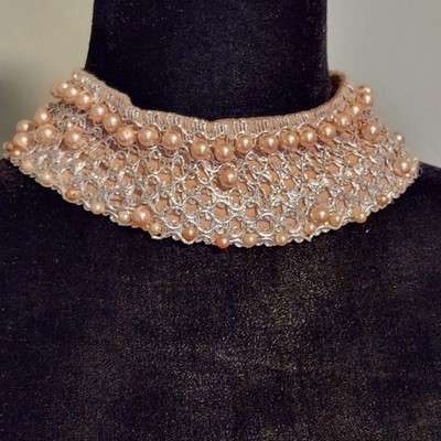 Vintage Handmade Women's Crocheted Collar With Faux Pearls
