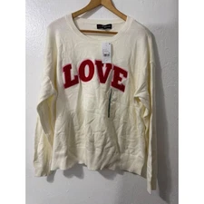 33 Degrees Cream LOVE Applique Crew Neck Long Sleeve Sweater Top Women's L