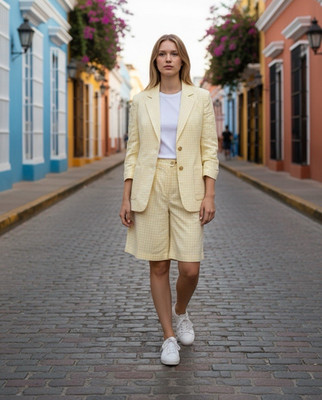 Escada Margaretha Ley Linen Suit Set Yellow Gingham Blazer Shorts EU 40