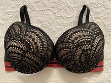 Victoria Secret bra 34D Bombshell Plunge black lace over beige add 2 cups
