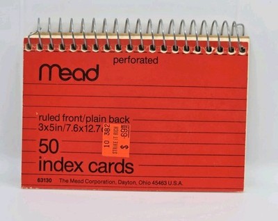 Vintage Wire Bound 50 Index Cards Mead Perforated Lined Note 3'' × 5'' Tear Out