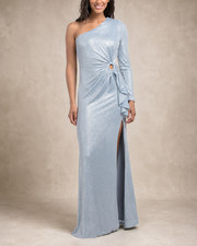 Dress The Population Ice Blue Metallic One Shoulder Gown Size L NWT MSRP 298