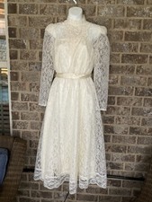 Vtg 70's Victorian Dress Womens 11 Ivory Lace Overlay Slip Sash High Neck Midi