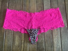 Vtg Victoria s Secret Pink S/P Animal Print Thong W Wide Neon Lace Trim