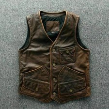 Men's Biker Vintage Tan Brown Vintage Real Leather Motorcycle Vest Jacket