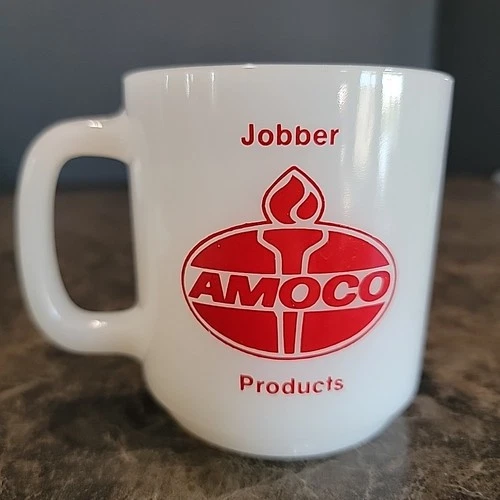 Vintage Amoco Oil Milk Glass Coffee Mug Red Stern Freeman South Dakota SD Gas