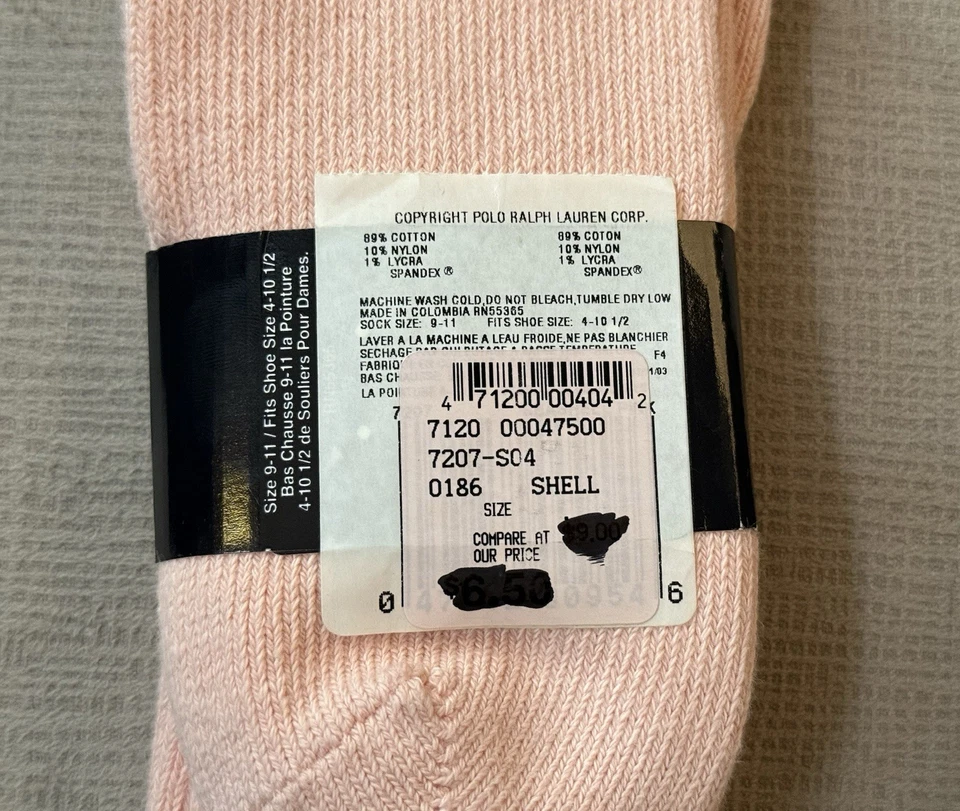Meias femininas vintage Ralph Lauren de algodão com nervuras nylon lycra tamanho 9-11 rosa concha NOS - Imagem 4 de 4