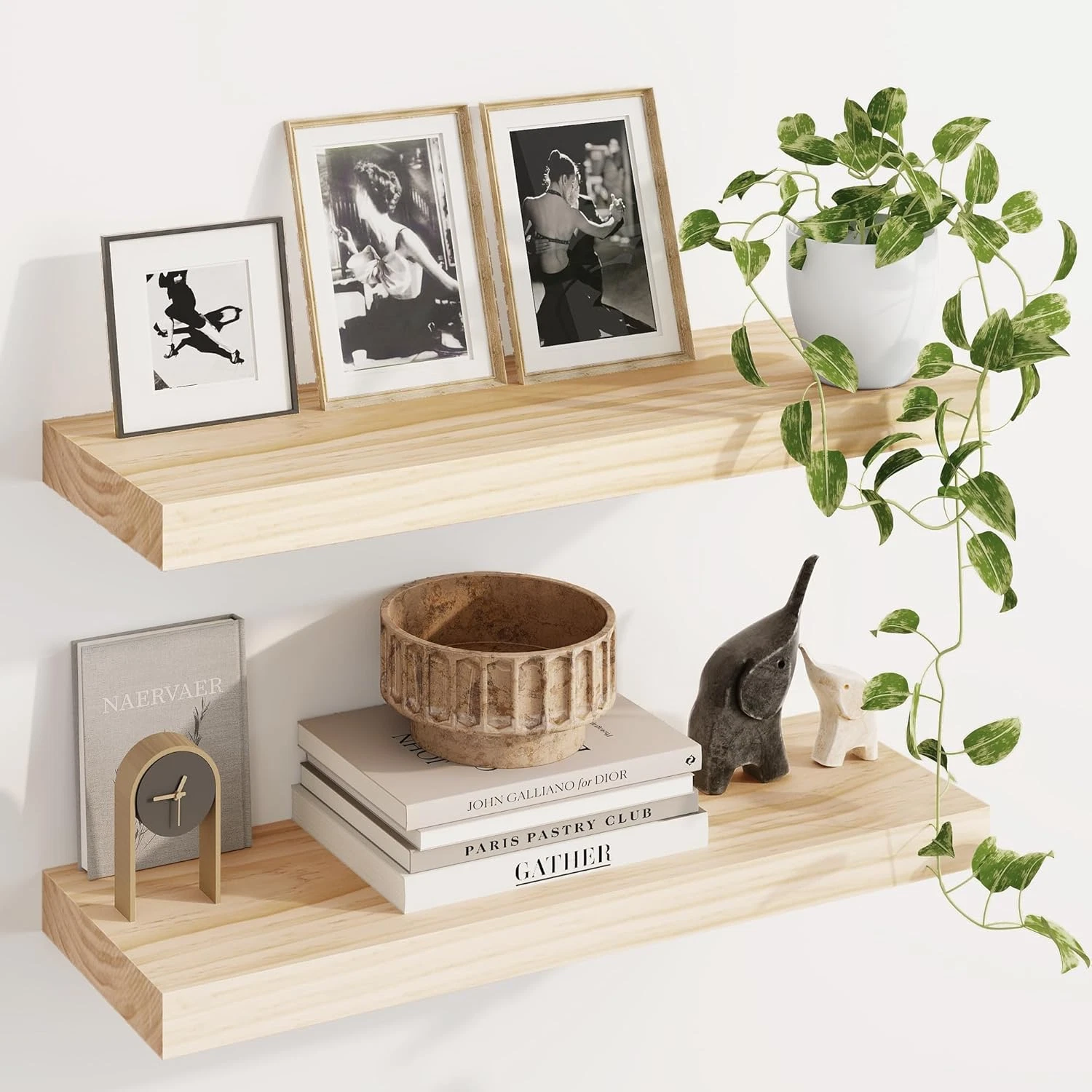 Rustic Pine Wood Floating Shelves Set of 2 for Home Decor & Storage