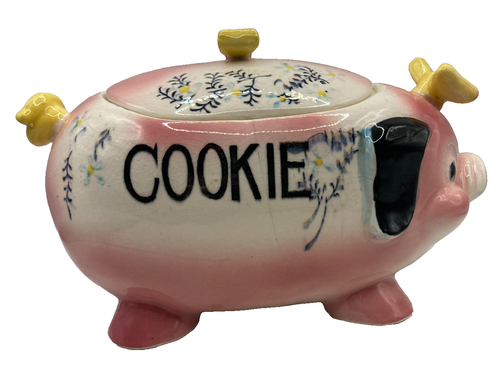 Pink Pig Cookie Jar Vintage Japan Ceramic Bow Handle on Lid - Picture 4 of 7