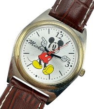 Disney Mickey Mouse Watch Moving Hands Two Tone Red Leather Band New Battery