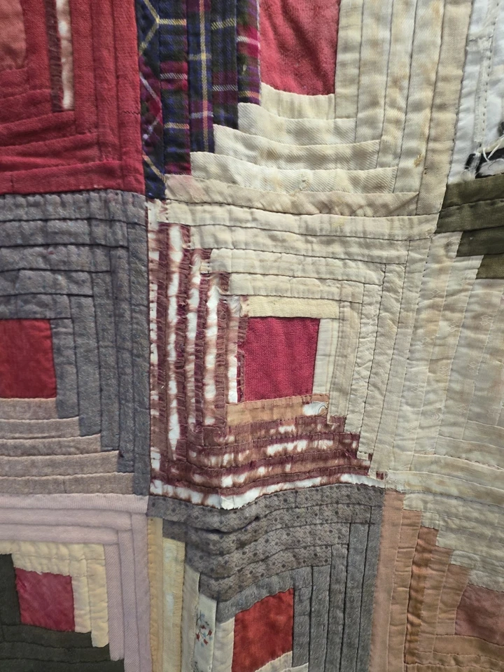 Antique Hand-Sewn Log Cabin Quilt – 1800s/1900s Era Warm Earth Tones, Hand Quilt - Image 4 of 4