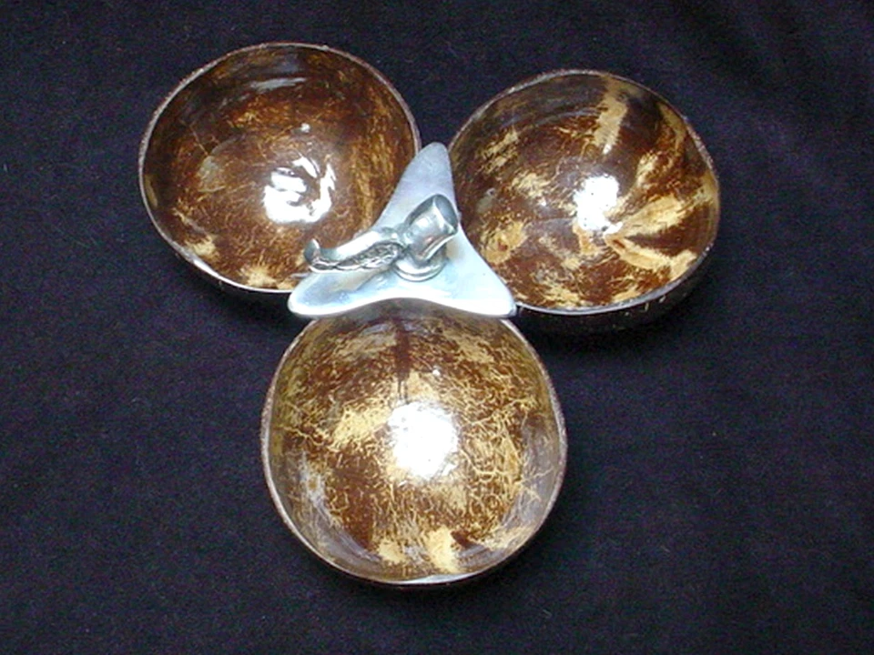 BANDEJA PARA SERVIR CON CÁSCARA DE COCO SECCIÓN DE 3 TAZONES NUECES DULCES BOCADILLOS REMATE DE HOJA DE METAL Foto 3 de 4