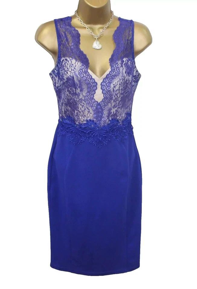Lipsy Blue Cream Bodycon Dress 14 UK Lace Party Occasion Evening Wedding Xmas - Image 4 of 4