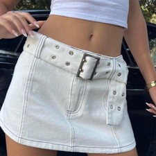 White Denim Grommet Belt Mini Skirt Contrast Stitch Small NEW