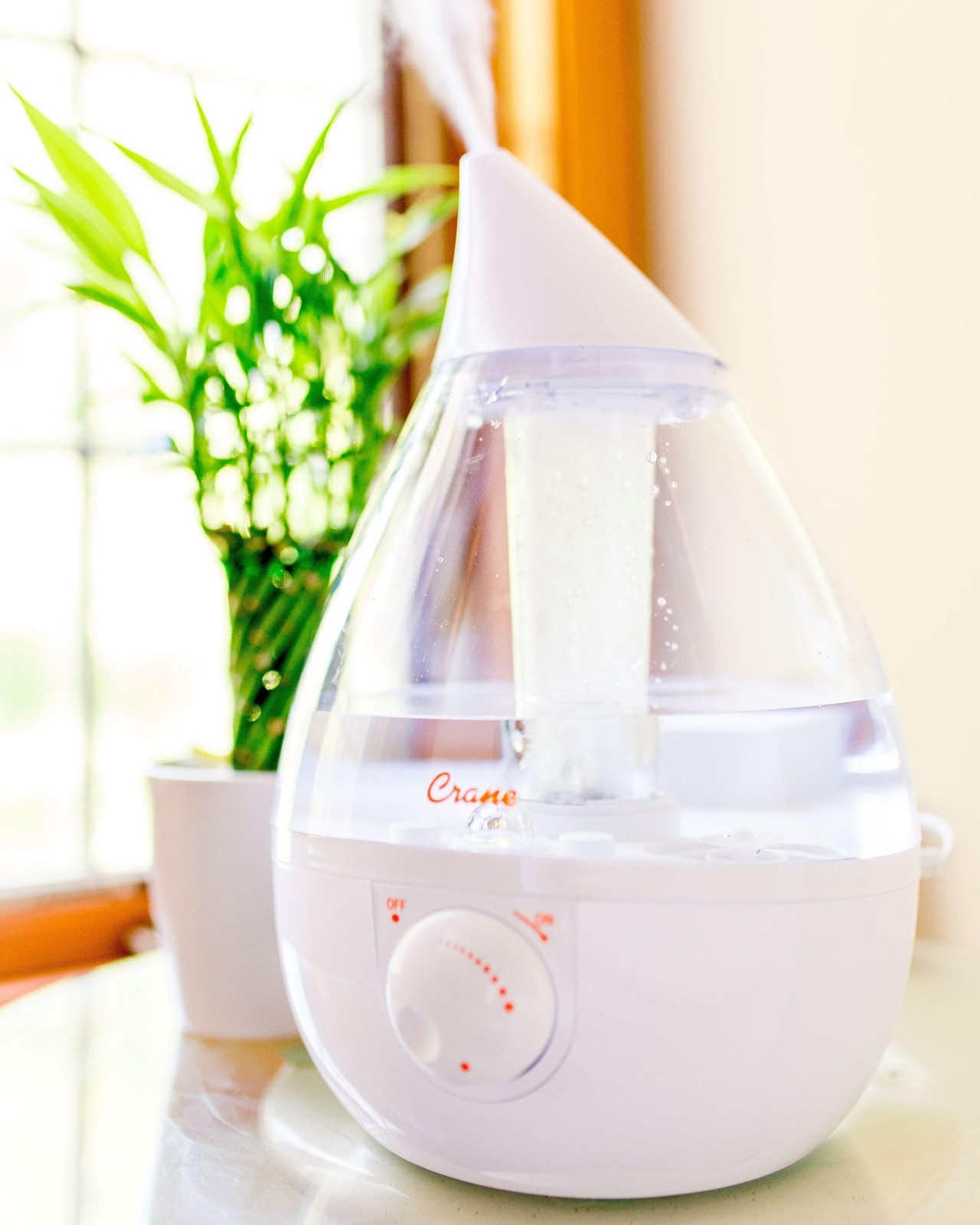 Crane White Teardrop Cool Mist Humidifier, 1 Gal Ultrasonic Auto Shut-Off