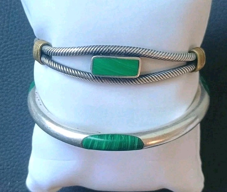 Vintage X2 Taxco Sterling Silver And Malachite Inlay Bangle Bracelet 7.5" 64 Gr 