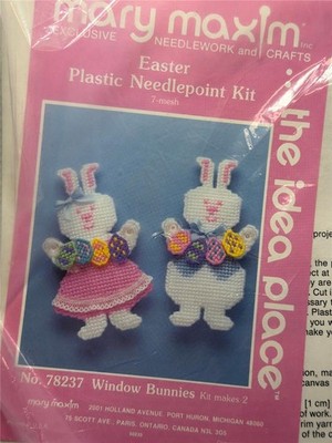 MARY MAXIM Plastic Canvas Needlepoint Kit - WINDOW BUNNIES Makes 2 Bunnies
