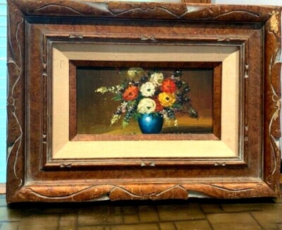 VTG ( Antique?) Original Oil Painting on Board Flowers Old Wood Frame 22 '' x 16''