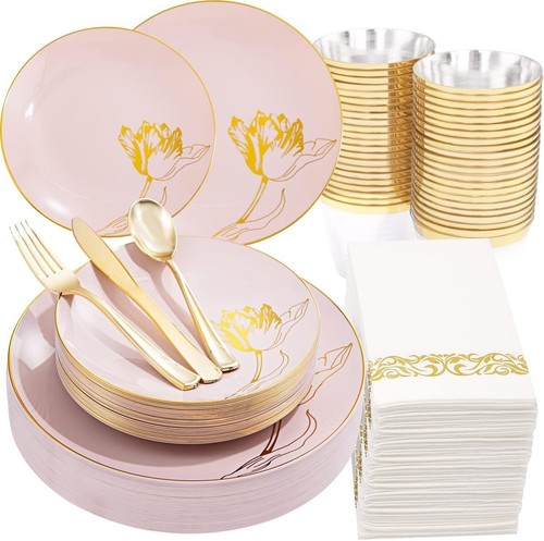 BPA-Free 175PCS Pink Disposable Plates with Gold – Perfect for Any Occasion - Picture 3 of 11